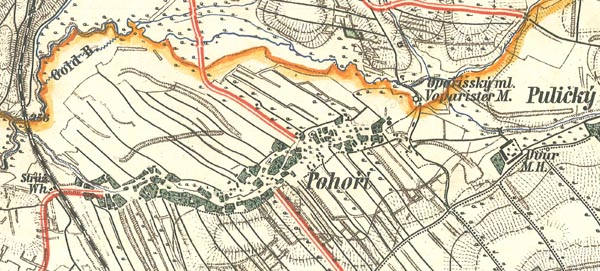 Mapa c.k. okresnho hejtmanstv Novomstskho n/M - detail Poho (rok 1884)