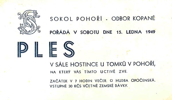 Sokol Poho - odbor kopan - pozvnka na ples  (rok 1949)